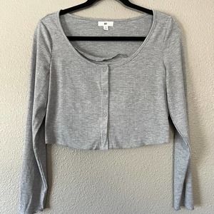 BP. Grey Ribbed Button Front Cropped Long Sleeve Top With Undershirt Cami Med